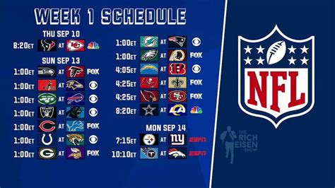 Nfl tv lineup today - Sep 4, 2566 BE ... The 2023 NFL season is almost here. How to watch: The games will be broadcast on networks like NFL Network, ESPN, FOX, NBC, CBS, ...
